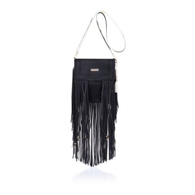 Black fringed cross body handbag
